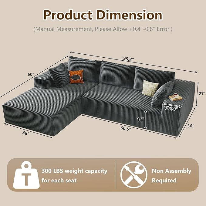96" Modular Sectional Couch, Boneless L Shaped Cloud Sofa with Chaise Lounge, Corduroy Upholstered Couches Memory Foam Deep Seat, No Assembly Required, Ideal for Living Room(Dark Gray, Left Facing)