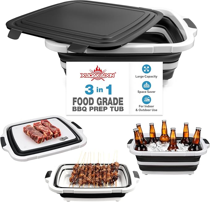 Collapsible BBQ Prep Tub for Meal Prep, Marinating, and Food Storage - Includes Cutting Board and Locking Lid,Ideal Gifts for Christmas,Dad,mother (Black)