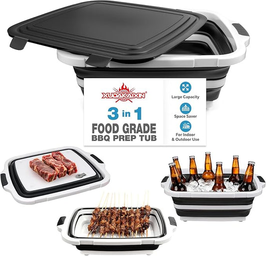 Collapsible BBQ Prep Tub for Meal Prep, Marinating, and Food Storage - Includes Cutting Board and Locking Lid,Ideal Gifts for Christmas,Dad,mother (Black)