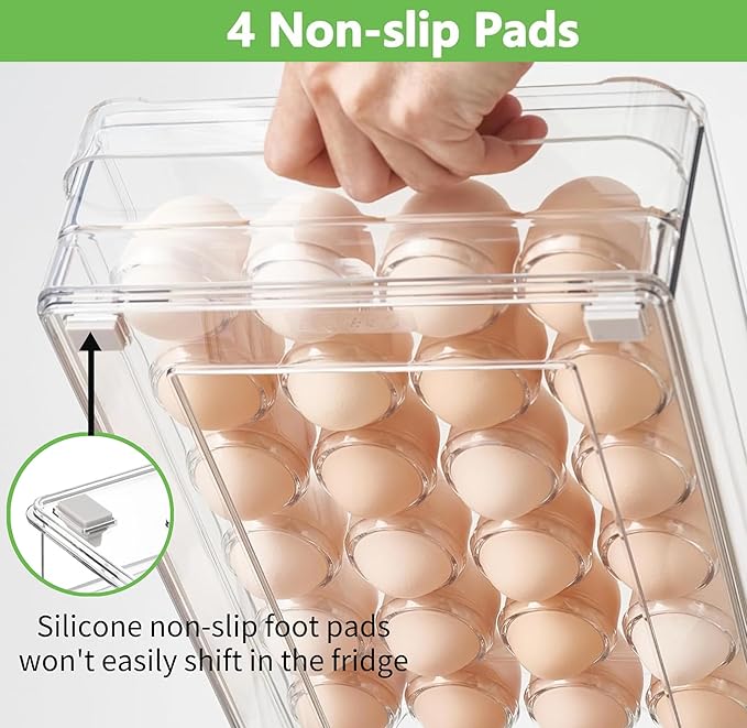 vacane 24 Capacity Egg Holder for Refrigerator Organizer Bins, BPA Free Egg Storage Container with Non-Slip Pads, Space-Saving Egg Tray for Fridge Drawer