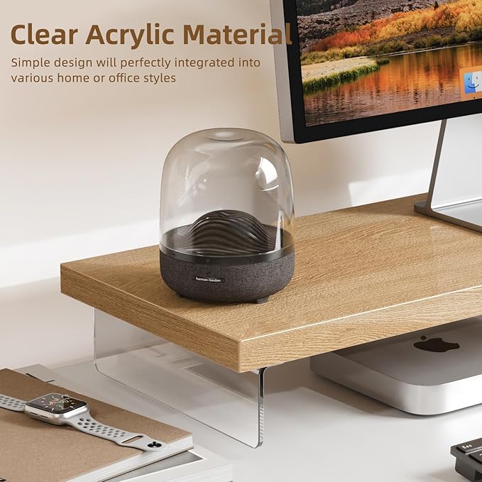 Monitor Stand Riser, Wood & Acrylic Computer Monitor Stand Desk Desktop Organizer Table for Home, Office Workspace, Laptop Riser, Printer, PC & TV Screen Riser