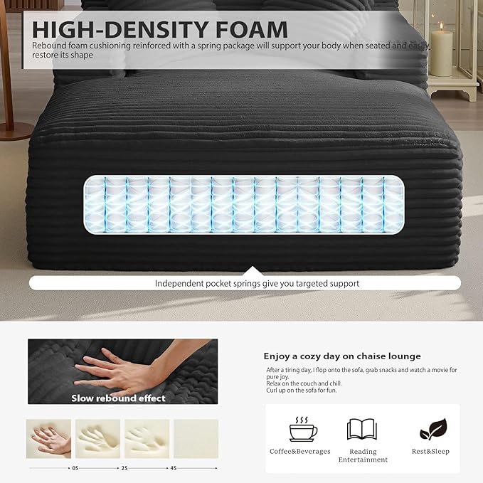 50 Inches Chaise Lounge Indoor, Oversized Chaise Lounge Chair with 3 Throw Pillows and Armrests, Corduroy Upholstered Plush Sofa Bed Lazy Chair Bed Sleeper Chair for Living Room Apartment (Black)