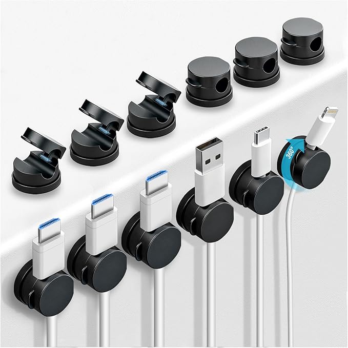 OneLeaf 12 Pack 360° Rotatable Spring Cable Clips[1s Lock], Adhesive Cord Holder for Nightstand, Phone Charger Cord Holder for Desk Home Office Car Game Station