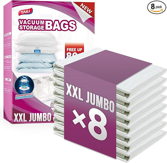 TAILI 8 Pack Vacuum Storage Bags for Comforter and Blankets, XXL Jumbo Vacuum Seal Bags for Bedding (47x39 Inch), Huge Space for Toy, Bedding, Pillows, Save More Closet Space