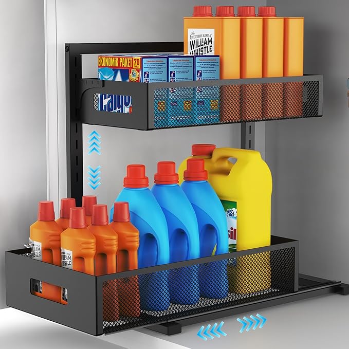 Under Sink Organizer Pull Out Cabinet Organizer Adjustable Height 2 Tier with Sliding Drawers Kitchen Bathroom Organizer and Storage(1pc)
