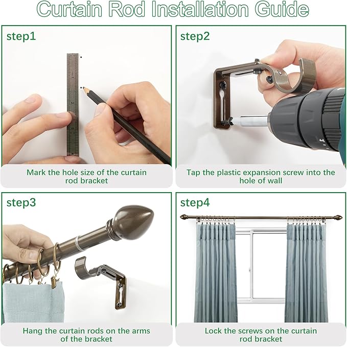 Curtain Rods for Windows 16 to 150 inches, Curtain Rod Max Adjustable Length to 158 in, Drapery Rod 1 inch Diameter with Modern Knobs Finials (Brown, 16" to 150" - Set of 1)