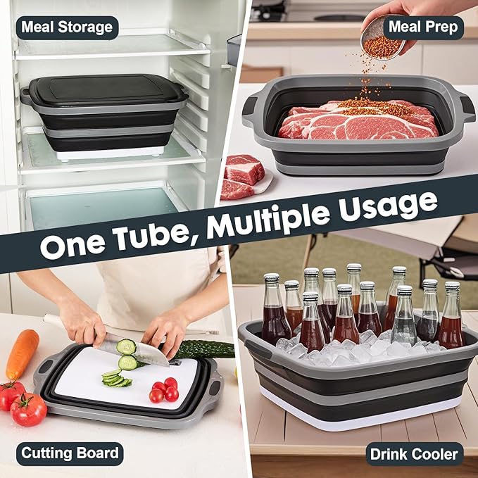 TANOSHII 3-Piece Collapsible BBQ Prep Tubs with Lids and Built-in Cutting Board – For Meal Prep Marinating Food Storage&Washing – Picnic Camping – Set of 3 – (1) Medium + (1) L + (1) XL – Black