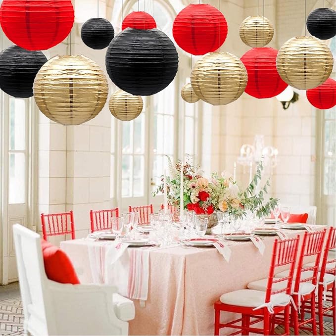 ADLKGG Paper Lanterns Decorations, Red Black Gold Hanging Round Paper Lanterns for Graduation, BBQ Party Supplies, Mickey Mouse Themed Birthday, Pirate Theme Casino Poker Party Decor Set of 21