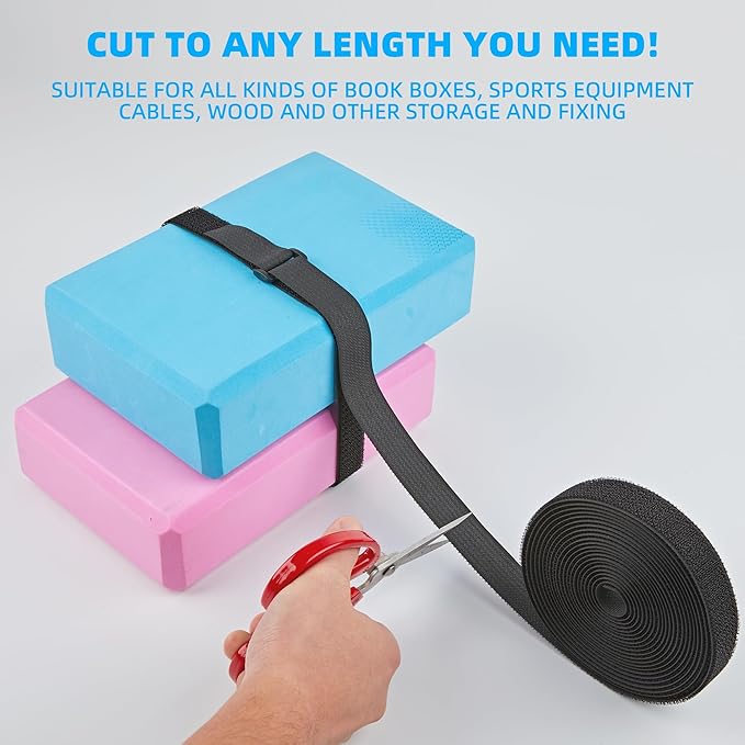 1" x 15ft Nylon Hook and Loop Cable Straps Roll with 20 Plastic Buckles - Reusable, Adjustable, Cut-to-Length for Organizing Cords, Wires & Storage Solutions