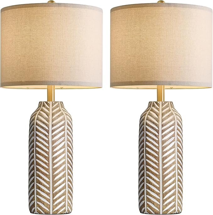BOBOMOMO 26" Farmhouse Table Lamps Set of 2 - Vintage Leaf Design, Rustic Resin Nightstand Lamps for Bedroom, Living Room, Nursery, Hallway, Elegant Living Room Lamps with Linen Shades Antique Brown