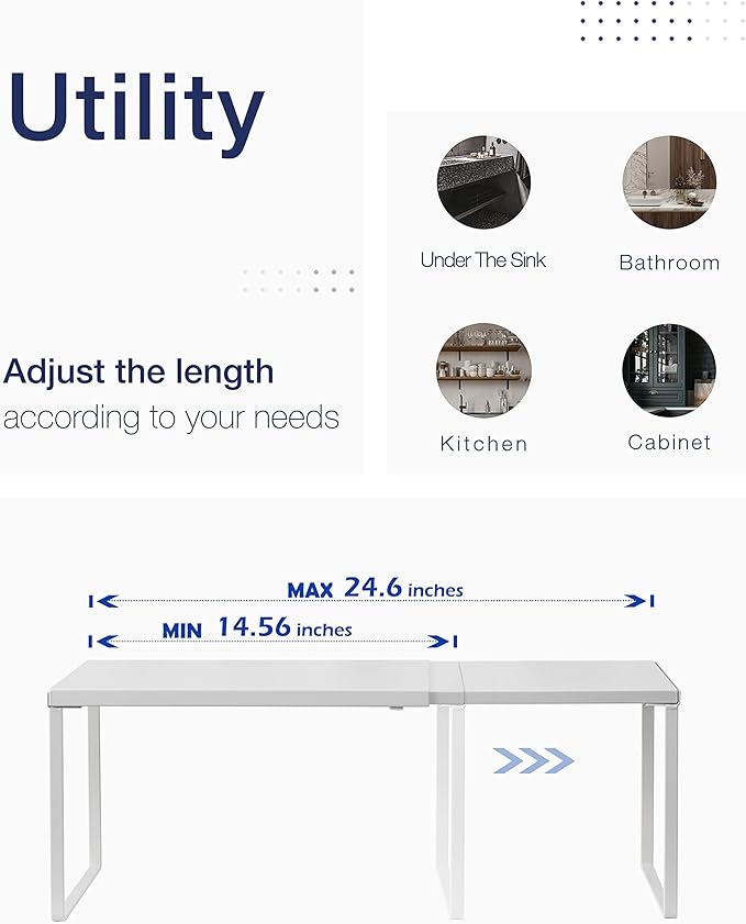 Nxconsu Cabinet Shelf Expandable Organizer Riser Rack for Kitchen Pantry Cupboard Under Sink Countertop Home Organization Extra Storage Space Saver Heavy Duty Metal Edgeless Design White Large