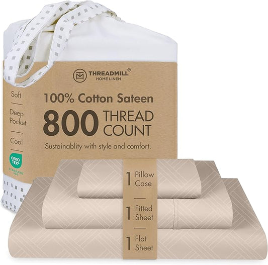 Threadmill Twin Sheets for Twin Mattress | 800 Thread Count Jacquard Celine Light Beige Sheets | 100% Cotton 3 Piece Bed Sheets | Extra Long Staple Cotton | Cotton Sheet with Elasticized Deep Pocket