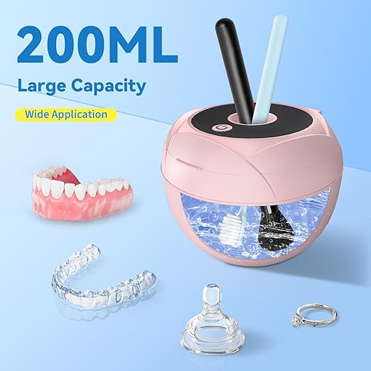 Ultrasonic Retainer Cleaner Machine 45khz Cleaning Pod for Denture Cleaner 200ml Mouth Guard, Aligner, Night Guard, Jewelry, 4 Cleaning Modes Digital Timer, Gifts for Women, Christmas Gifts, Pink