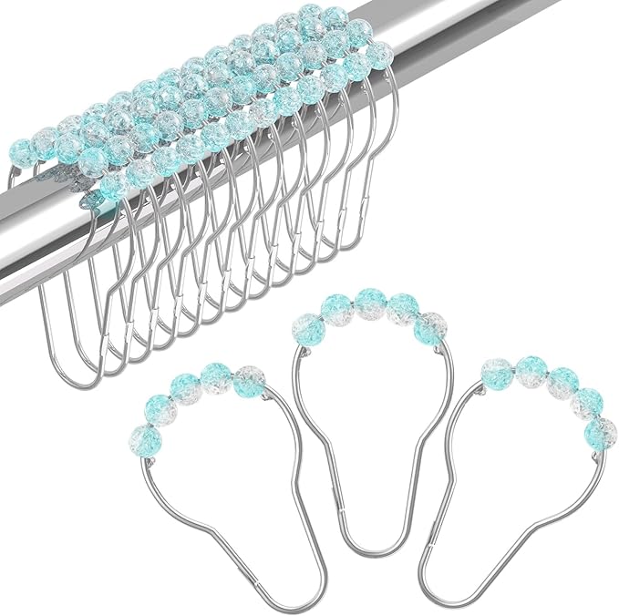 Amazer Shower Curtain Rings, Decorative Shower Curtain Hooks, Shower Curtain Hooks, Rustproof Stainless Steel Shower Hooks for Bathroom Shower Curtain-Set of 12, Ice Blue