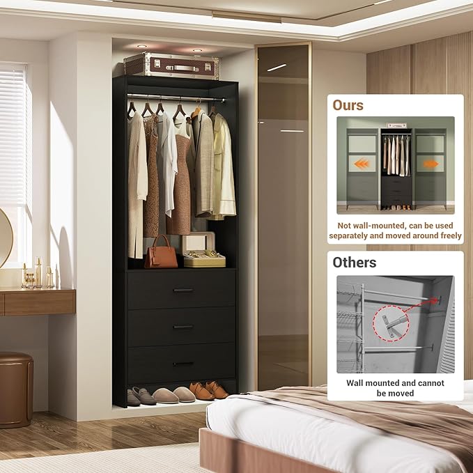 Aheaplus 2FT Closet System with 3 Drawers, 24’’ Closet Organizer, Wood Closet Organizer System, Walk-in Closet or Small Closets Wardrobe, Clothes Rack with Hanging Rods,-E7, Black