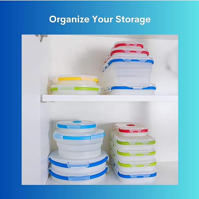 ECOBERI Collapsible Silicone Food Storage Containers, BPA Free, Microwave, Freezer and Dishwasher Safe, Lunch, Meal Prep, Travel, Space-Saving