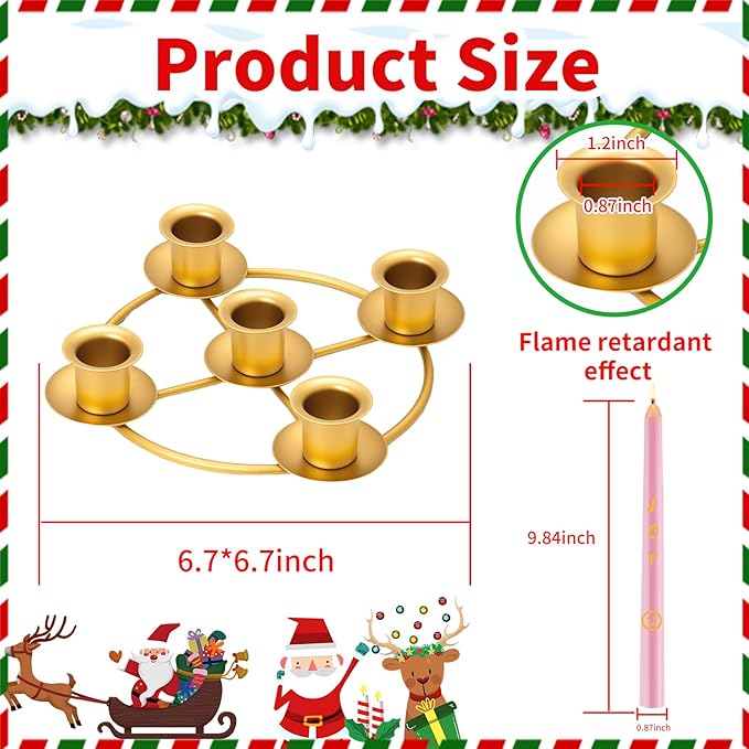 Advent Wreath Candle Holder Set with 5 Taper Candles, Gold Christmas Candle Ring Table Decoration for Advent Christmas Festival Home Church