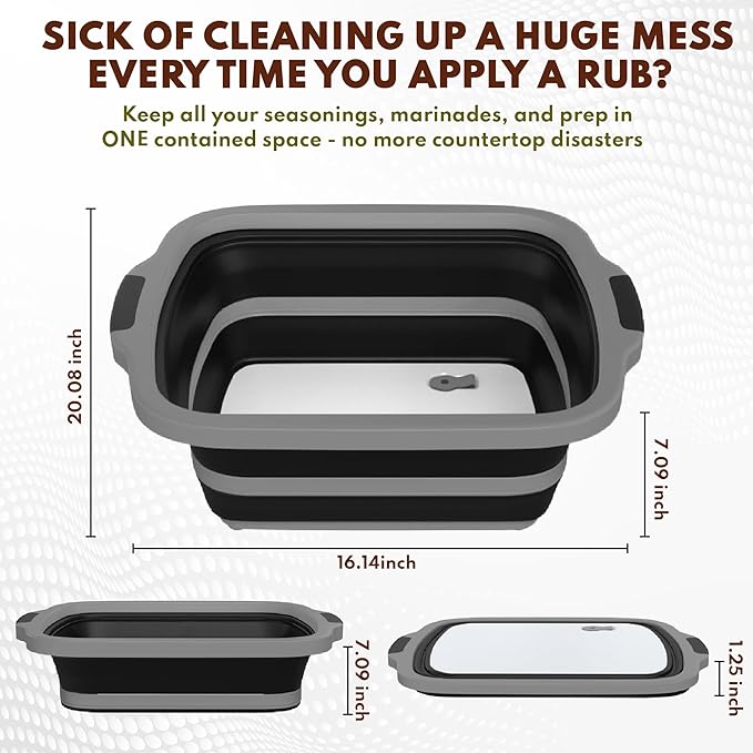 Collapsible BBQ Prep Tub XL with Locking Lid & Cutting Board - Pro-Grade Silicone Grill Station for Brisket, Ribs, Meal Prep - Space-Saving Portable Container for Camping, Tailgating & Outdoor Cooking