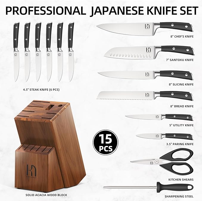 Knife Set, 15 Pcs Kitchen Knife Block Sets with Sharpener, Japanese High Carbon Stainless Steel Set of Knives, Premium Razor Sharp Black Knives Set with Block for Kitchen, Ergonomic Handle