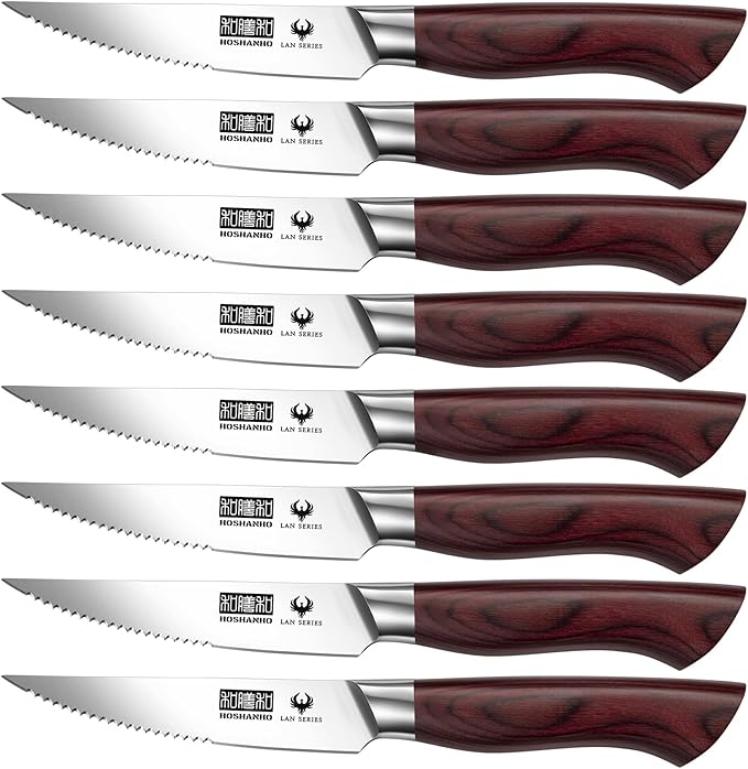 HOSHANHO Steak Knife Set 8 Pieces, 4.5 Inch Super Sharp High Carbon Stainless Steel Steak Knife Set, Professional Premium Serrated Precise Cutting with Ergonomic Wood Handle