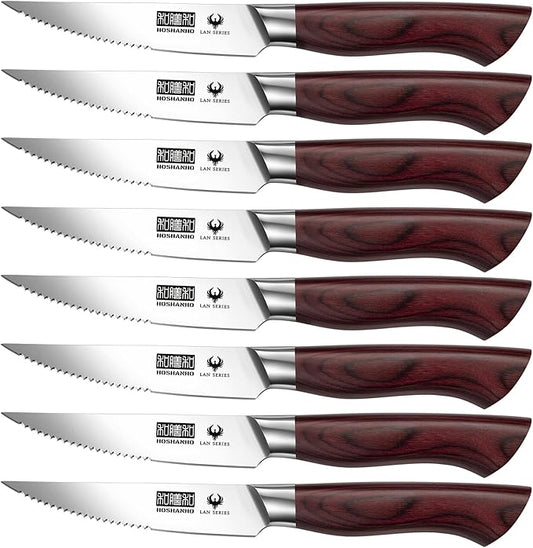 HOSHANHO Steak Knife Set 8 Pieces, 4.5 Inch Super Sharp High Carbon Stainless Steel Steak Knife Set, Professional Premium Serrated Precise Cutting with Ergonomic Wood Handle