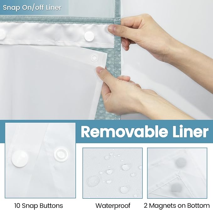 Fog Blue Stall No Hook Shower Curtain with Snap in Liner,230GSM Waffle Weave Shower Curtains for Bathroom,54W x 80H