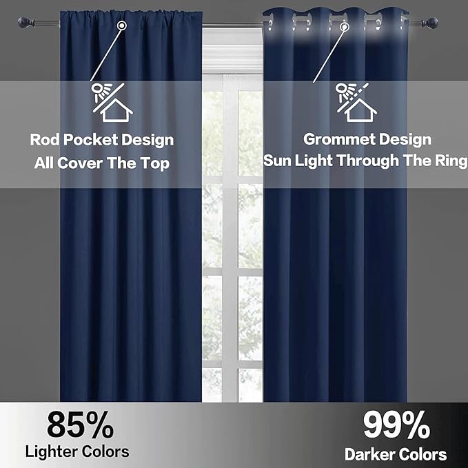 RYB HOME Curtains for Bedroom 63 inches Long, Blackout Thermal Insulating Window Treatment Drapes for Living Room Bathroom Basement Laundry Classroom, W 34 x L 63, Navy Blue, 2 Panels
