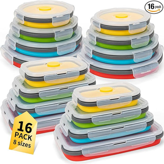 Collapsible Food Storage Containers with Lid & Air Vent, 16 Pack, 8 Rectangular + 8 Round, Annaklin Foldable Silicone Lunch Containers Collapsible Bowls Set, Microwave Freezer Dishwasher Safe, 4-Color