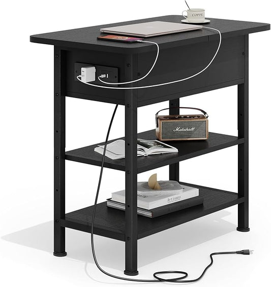 End Table with Charging Station, Flip Top Side Table with USB Ports and Outlets, 3-Tier Small Side Table with Storage for Small Space, End Tables for Living Room/Bedroom, Black