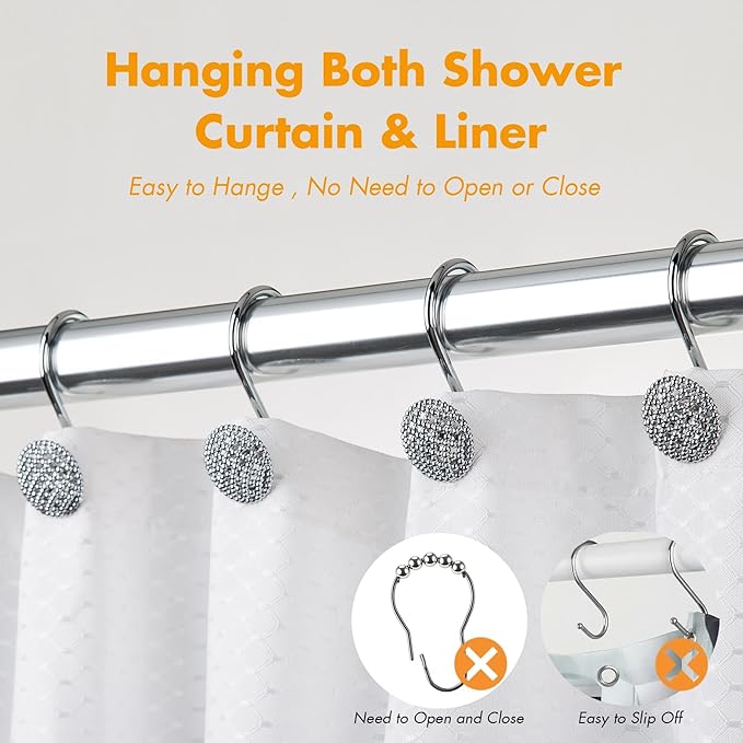 Pearlbee Chrome Shower Curtain Hooks, Silver Shower Curtain Rings Hooks, Rust Proof Shower Curtain Hooks, Bathroom Shower Hooks for Curtain, Metal Shower Hooks for Shower Curtain Rod