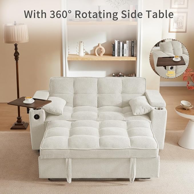 65'' Convertible Sleeper Sofa Bed with Adjustable Backrest, Chaise Lounge, Side Table & USB/Type-C Ports – Stylish & Functional Addition to Any Living Room (Modern Beige Sofa Bed)