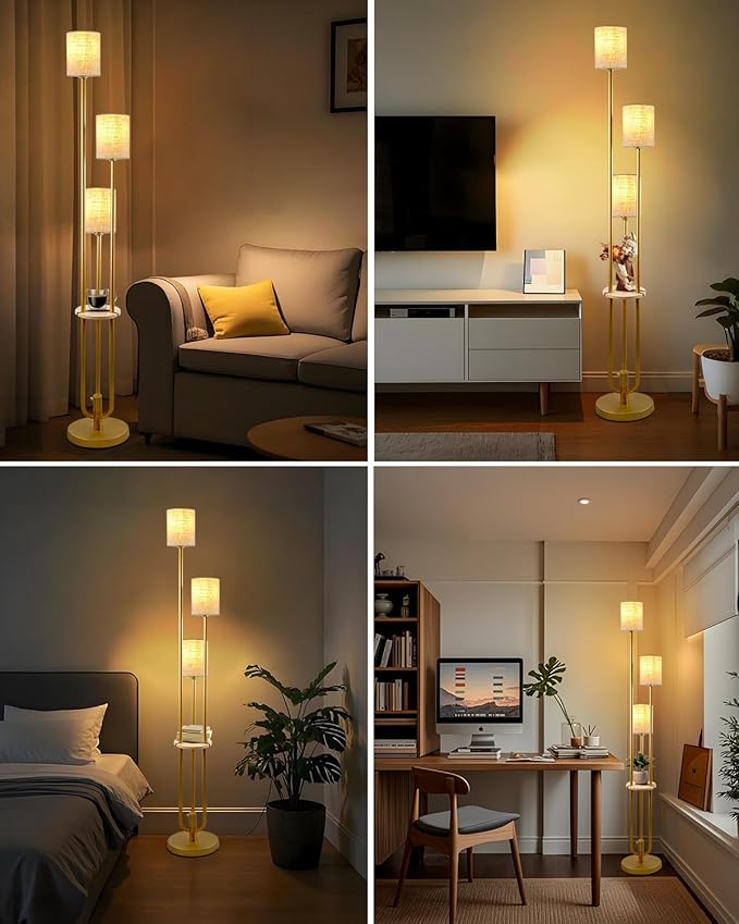 Lightdot Floor Lamp with Table and Shelves for Living Room Bedroom Shelf Floor Lamps with Linen Shade Dimmable Standing Lamp Vintage Retro Midcentury Gold Tall Floor Lamp Candle Holder Style