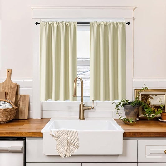 RYB HOME 100% Blackout Basement Curtains 36 inches Long, Heat & UV Blocking Total Room Darkening Noise Reducing Curtains for Bathroom RV Campers, Beige, 2 Panels Set