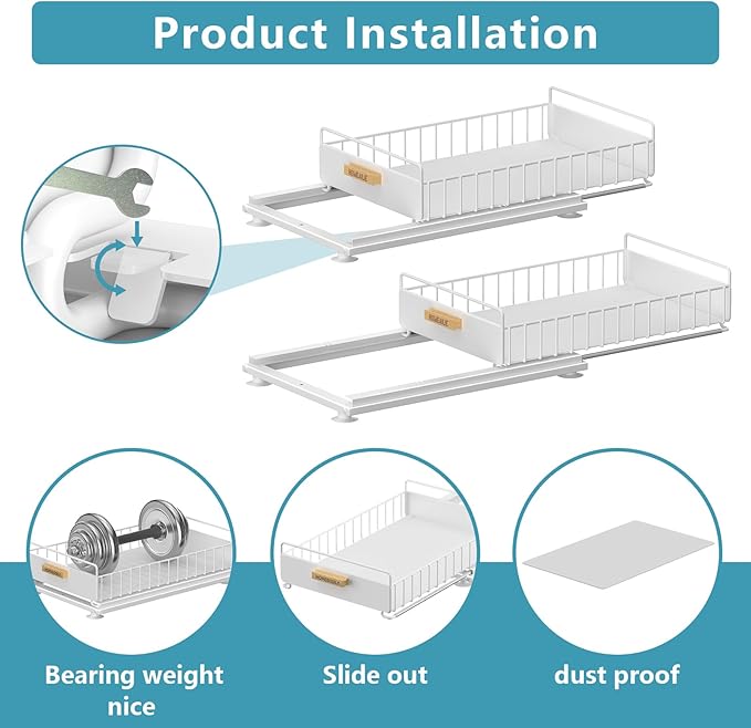 Under Sink Organizer, 2 Pack Pull Out Kitchen Cabinet Organizer, Mute Slide-Out Under Sink Organizers and Storage, Metal Kitchen Bathroom Organizers and Storage Shelves, White