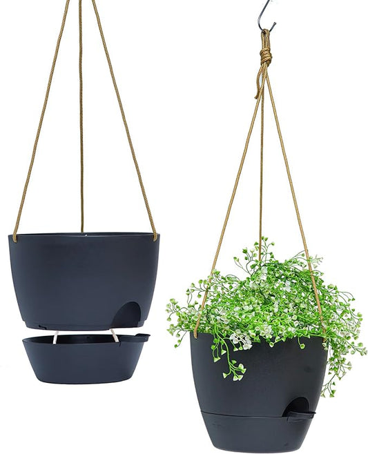 10 Inch Self Watering Hanging Pots, 2 Pack Hanging Planters with 40oZ Deep Reservior for Indoor Outdoor Plants Flowers, Black