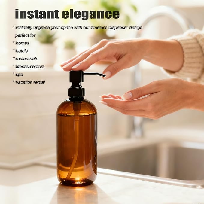 16 Oz Amber Glass Soap Dispenser with Black Pump, Refillable Liquid Hand soap Dispenser for Bathroom, 2 Pack Premium Kitchen Soap Dispenser