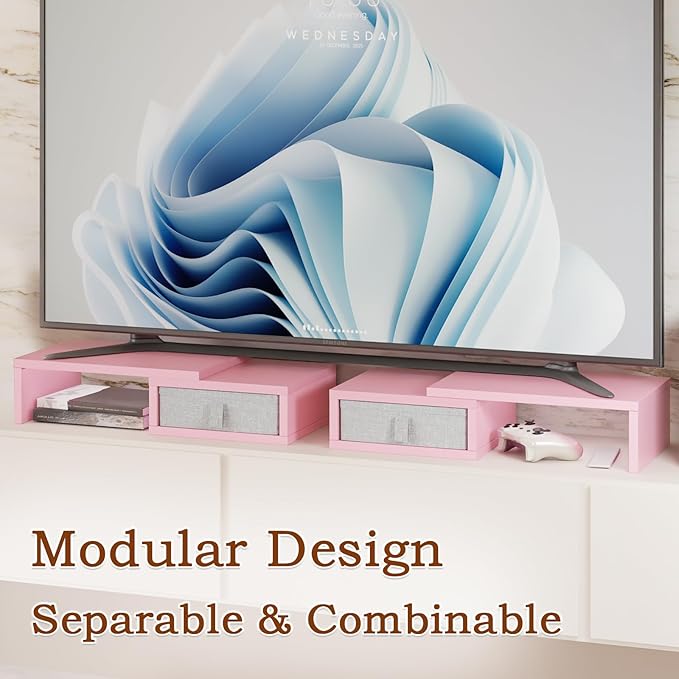 TEAMIX Pink Dual Monitor Stand Riser - Length and Angle Adjustable Monitor Stand with 2 Drawers to Storage Large Computer Riser for 2 Monitors/Laptop/PC, Wood Screen/TV Stand Desk Organizer (Pink)