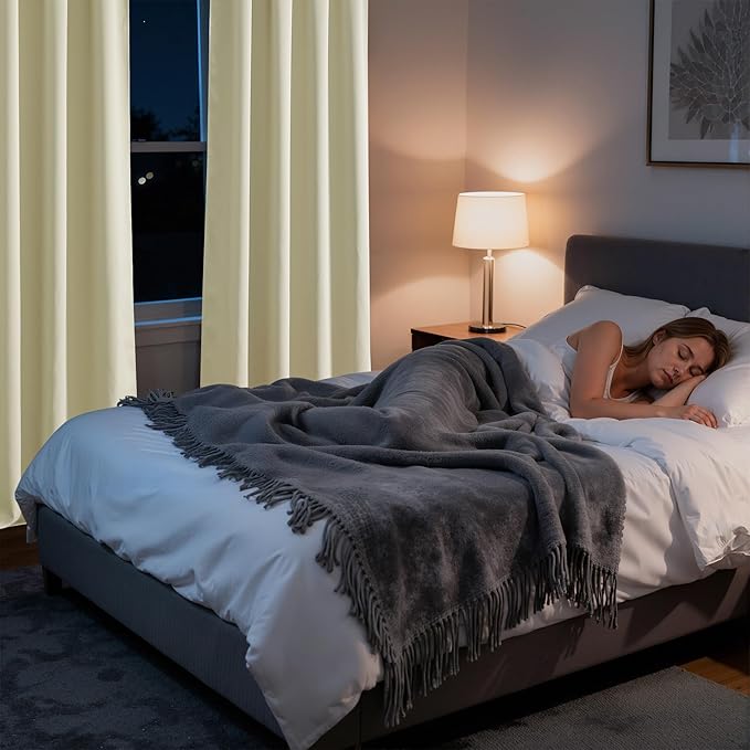 RYB HOME Bedroom Blackout Curtains 63 inches Long, 100% Blackout Thermal Insulated Noise Reducing Curtains for Living Room Nursury, 62 inches Wide by 63 inches Long, Beige