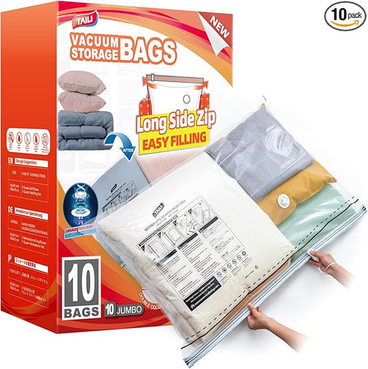 TAILI 10 Pack Vacuum Storage Bags, LONG SIDE ZIP (39x28 inch), Vacuum Seal Bags for Clothing, Jumbo Storage Space Saver for Beddings, Comforters, Blanket, Pillows and Clothes
