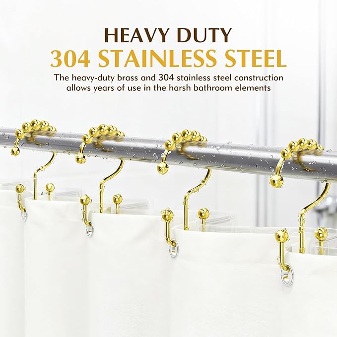 Shower Curtain Hooks Rings - 304 Stainless Steel 100% Rust-Proof Shower Curtain Hooks, Double Hook Glide Shower Hooks Rings for Bathroom Shower Rods Curtains, Set of 12 Pieces
