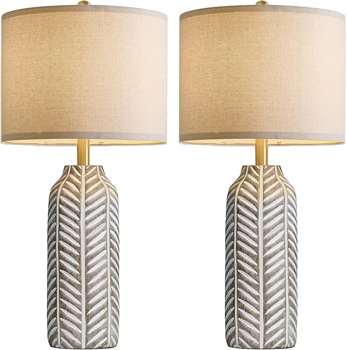 BOBOMOMO 26" Retro Farmhouse Lamps Set of 2 - Vintage Leaf Design, Living Room Lamps with Linen Shades, Rustic Resin Lamp for Bedroom, Living Room, Nightstand, Entryway, Nursery, Wood Grain