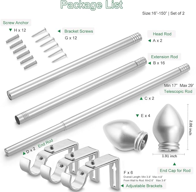 Curtain Rods for Windows 16 to 150 inches, Curtain Rod Max Adjustable Length to 158 in, Drapery Rod 1 inch Diameter with Modern Knobs Finials (Satin Silver, 16" to 150" - Set of 2)