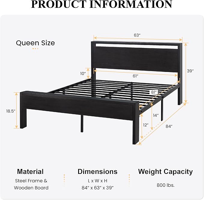 SHA CERLIN 14 Inch Queen Size Metal Platform Bed Frame with Wooden Headboard and Footboard, Mattress Foundation, No Box Spring Needed, Large Under Bed Storage, Non-Slip Without Noise, Black Oak
