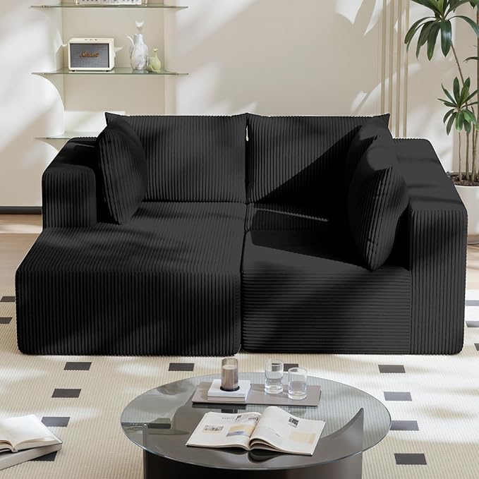 108" Boneless Couches for Living Room, Modular Cloud Couch Sofa - L Shap Corduroy Sectional Sofa, Fluffy Memory Foam Sleeper Sofa Furniture, No Assembly, Wide Armrest, Black