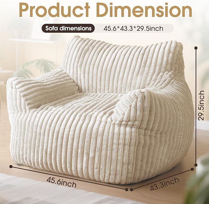 Giant Bean Bag Chair, Oversized Plush Comfy Bean Bag Sofa for Adults and Kids with Armrests, Memory Foam Mini Couch Single Lounges for Living Room, Bedroom & Game Room(Beige)