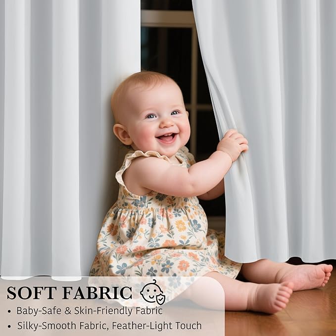 RYB HOME 100% Blackout White Curtains for Bedroom, Thermal Insulated Total Room Darkening Noise Reducing Curtains for Living Room Nursery, 62 inches Wide by 63 inches Long, 2 Panels Set