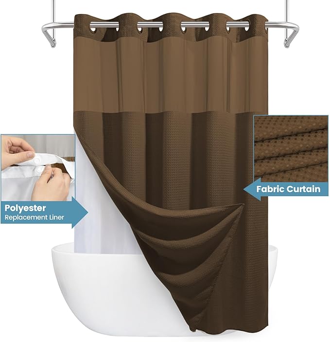 Brown No Hook Shower Curtain with Snap in Liner,230GSM Waffle Weave Shower Curtains for Bathroom,71W x 74H