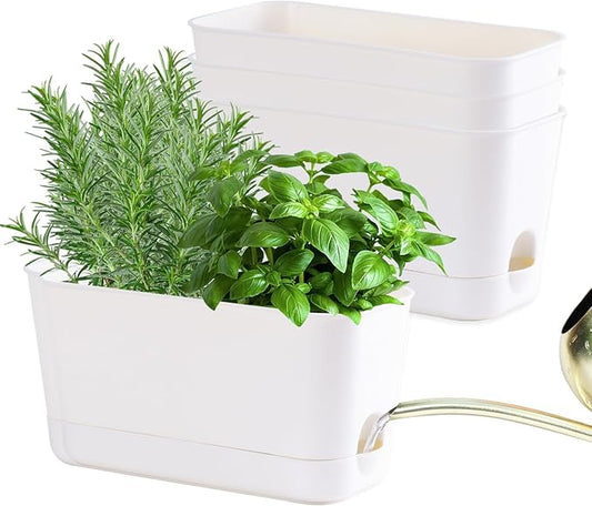 10 Inch Self Watering Planters for Indoor Plants: 4 Packs Rectangular Plant Pots with with Drainage and Tray, Window Pot Self Watering Planter for Herb, Houseplants