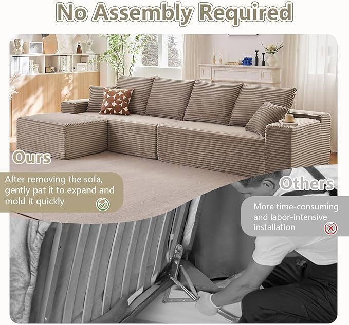 140" L Shaped Cloud Sectional Couch for Living Room, Modular Floor Deep-Seat Sofa, Big Comfy Corduroy Couches Set with Fluffy Memory Foam for Living Room Bedroom, No Assembly Required, Camel