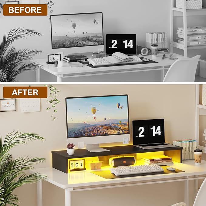 Dual Monitor Stand Riser for Desk with LED Lights, Large Computer Monitor Stand for 2 Monitors, Desk Shelf for Top of Desk, Desktop Organizer for Computer, Laptop, Printer, TV